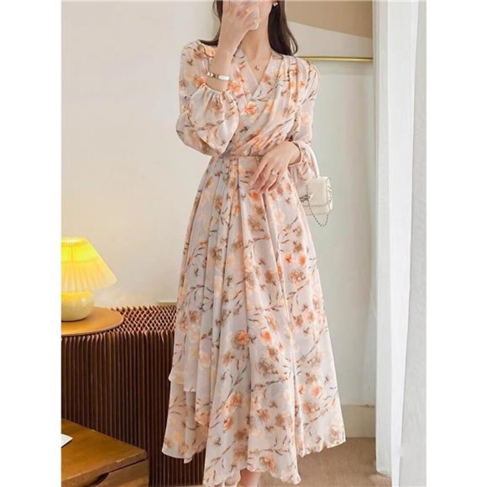 Floral Print Long Sleeve Midi Dress